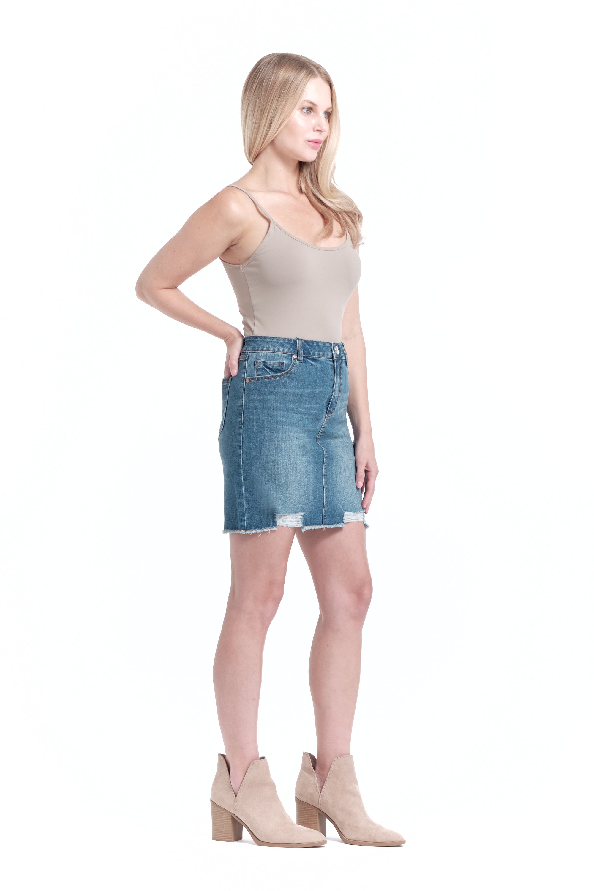 Re:Denim Fray Hem Destruction Skirt in Tanner